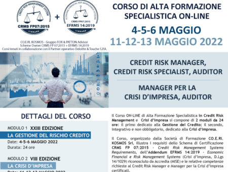 Maggio 2022, nuova Edizione del Corso di Alta Formazione Specialistica in Credit Risk Management e Crisi d’Impresa